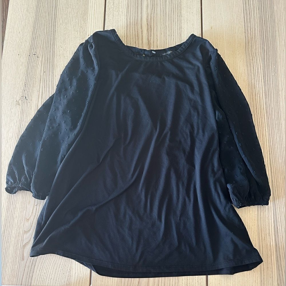 Papermoon black long sleeve peasant top with Swiss dots sheer arms -2X
